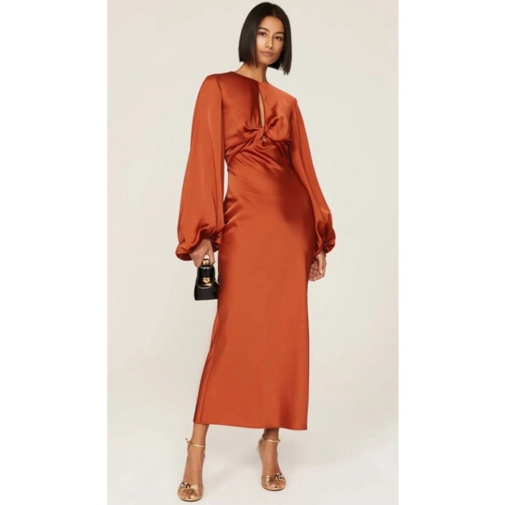 Significant Other Satin Open Back Balloon Sleeves Formal Evening Maxi Dress